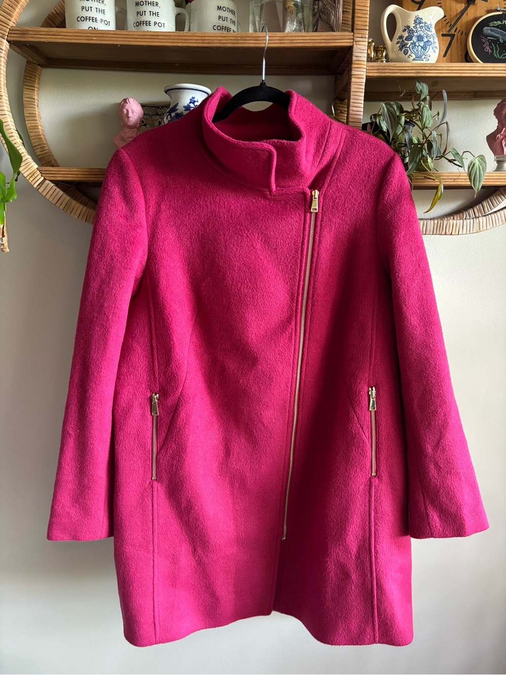 LOFT Red Asymmetrical Zip Wool-Blend Pea Coat